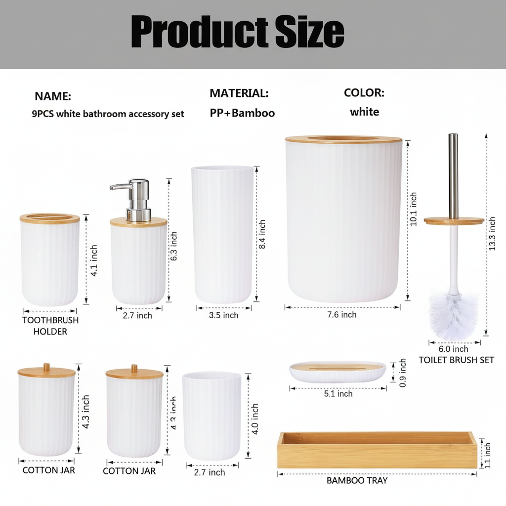 9 PCS White Bathroom Accessory Set – PP + Bamboo, Ribbed Texture
