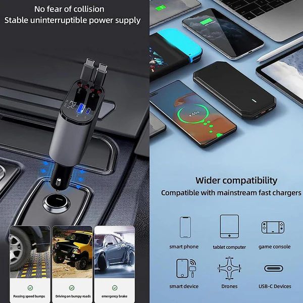 100W Retractable Car Charger – 4-in-1 Fast Charging with LED Display