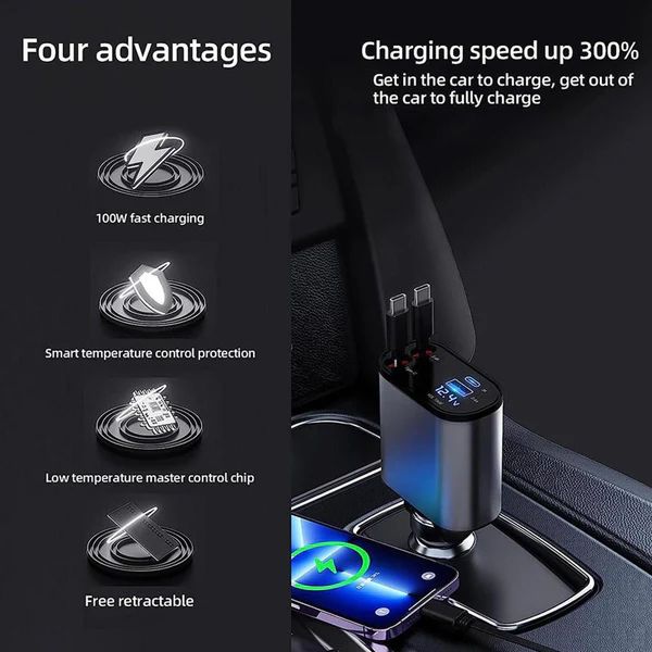 100W Retractable Car Charger – 4-in-1 Fast Charging with LED Display