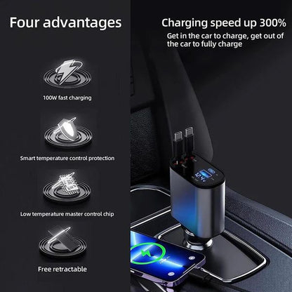100W Retractable Car Charger – 4-in-1 Fast Charging with LED Display
