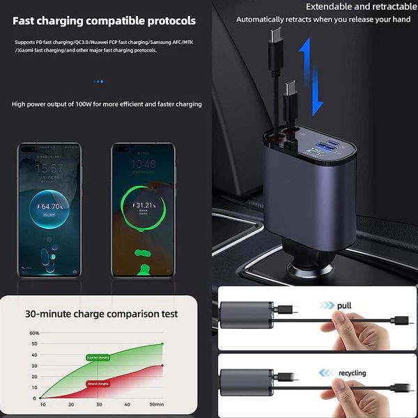 100W Retractable Car Charger – 4-in-1 Fast Charging with LED Display