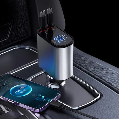 100W Retractable Car Charger – 4-in-1 Fast Charging with LED Display
