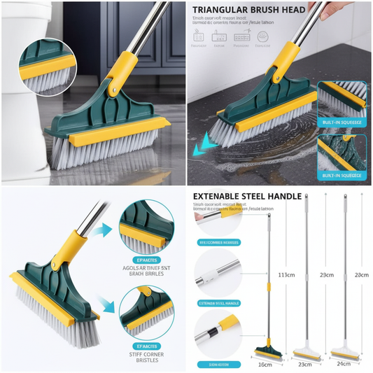 2-in-1 Floor Scrub Brush with Triangular Head & Built-in Squeegee