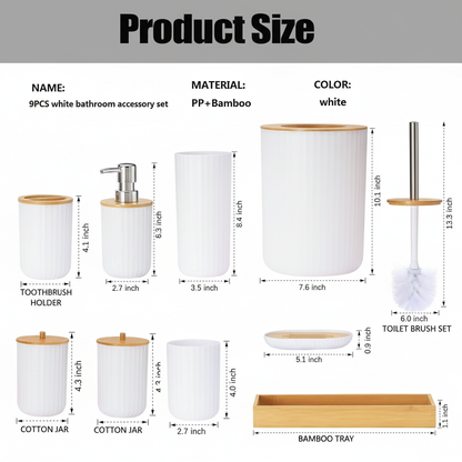 9 PCS White Bathroom Accessory Set – PP + Bamboo, Ribbed Texture