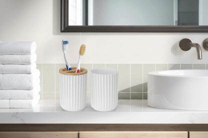 9 PCS White Bathroom Accessory Set – PP + Bamboo, Ribbed Texture
