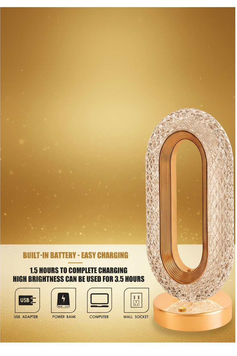 Crystal Oval LED Table Lamp – Built-in Battery | 3 Light Modes | USB Rechargeable