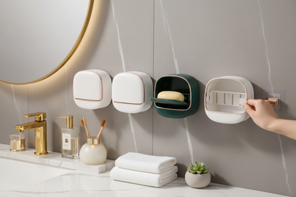 Covered Pot Style Wall-Mounted Soap Box | Double-Layer Soap Holder | No-Drill, Odorless & Splash-Proof Soap Case for Bathroom & Kitchen