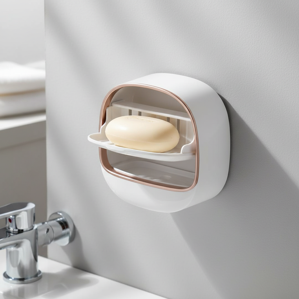 Covered Pot Style Wall-Mounted Soap Box | Double-Layer Soap Holder | No-Drill, Odorless & Splash-Proof Soap Case for Bathroom & Kitchen