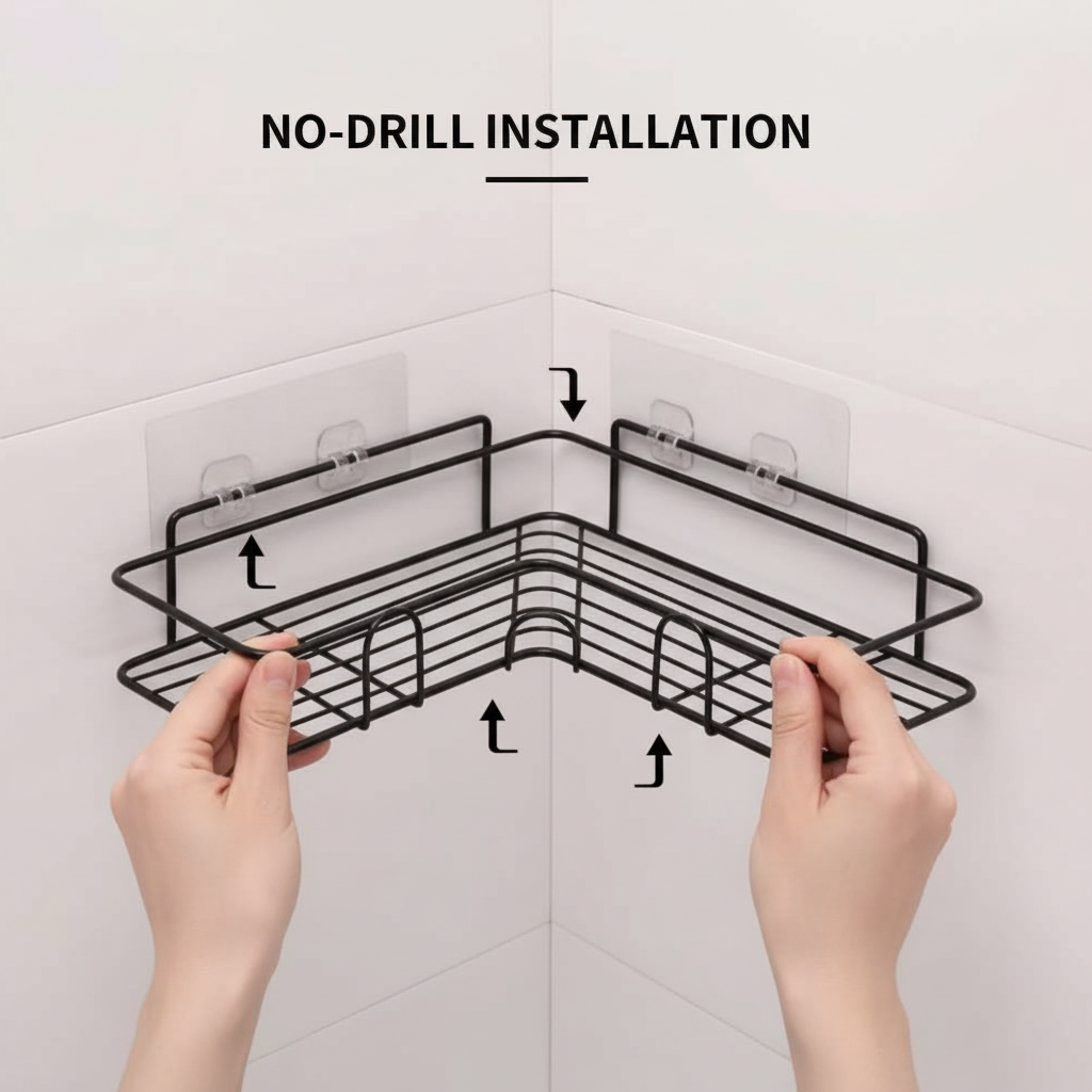 Bathroom Kitchen Punch Corner Frame Shower Shelf | Wrought Iron Shampoo Storage Rack | No-Drill Wall-Mounted Organizer