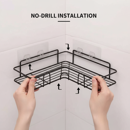 Bathroom Kitchen Punch Corner Frame Shower Shelf | Wrought Iron Shampoo Storage Rack | No-Drill Wall-Mounted Organizer