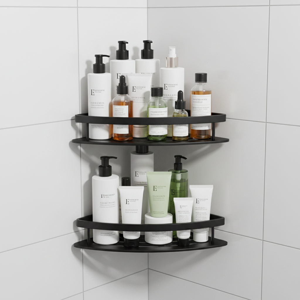 Bathroom Kitchen Punch Corner Frame Shower Shelf | Wrought Iron Shampoo Storage Rack | No-Drill Wall-Mounted Organizer