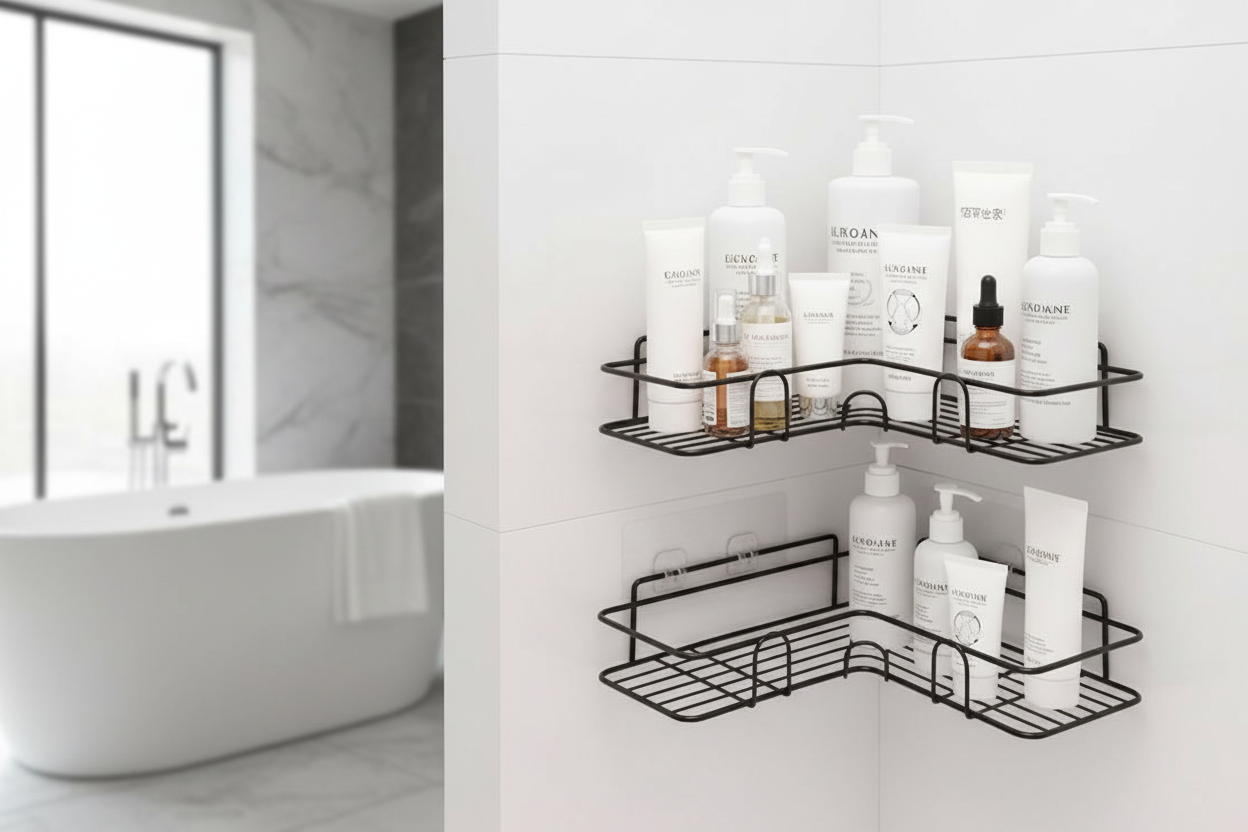 Bathroom Kitchen Punch Corner Frame Shower Shelf | Wrought Iron Shampoo Storage Rack | No-Drill Wall-Mounted Organizer