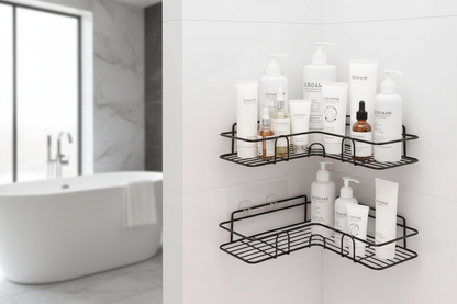 Bathroom Kitchen Punch Corner Frame Shower Shelf | Wrought Iron Shampoo Storage Rack | No-Drill Wall-Mounted Organizer
