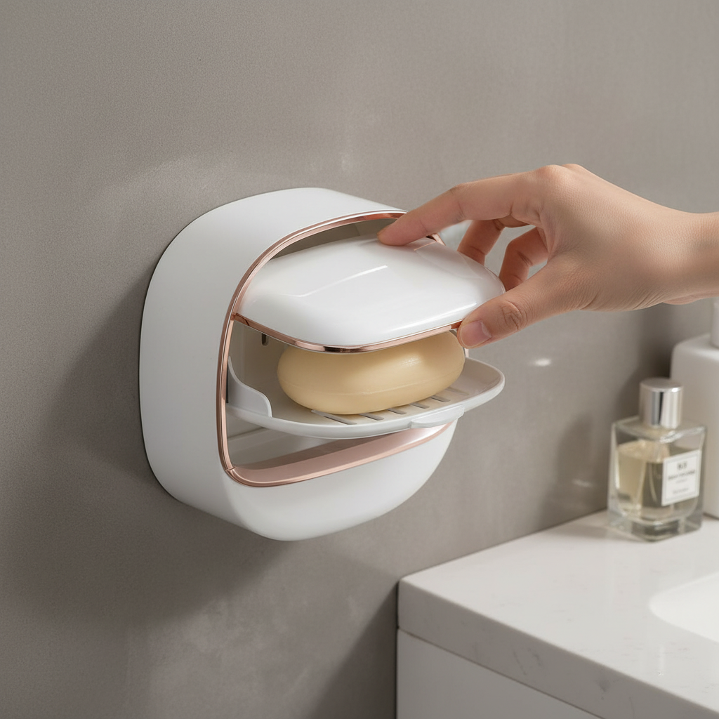 Covered Pot Style Wall-Mounted Soap Box | Double-Layer Soap Holder | No-Drill, Odorless & Splash-Proof Soap Case for Bathroom & Kitchen