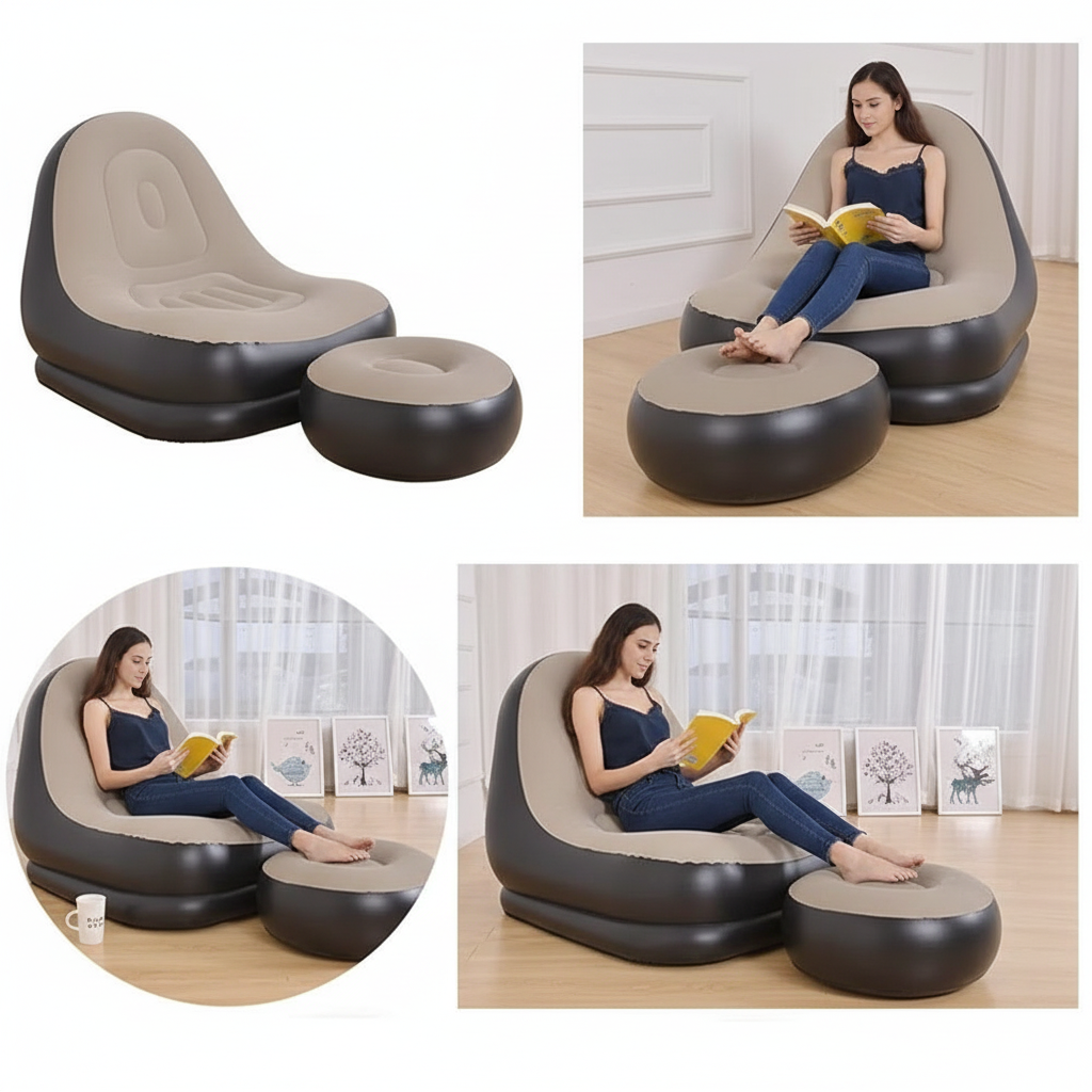 Inflatable Flocking Sofa Chair with Ottoman – Foldable | Outdoor & Indoor | Foot Stool Included
