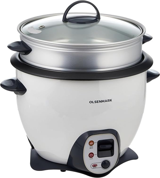 Olsenmark Electric Rice Cooker with Steamer – Non-Stick Inner Pot, Keep Warm, Glass Lid