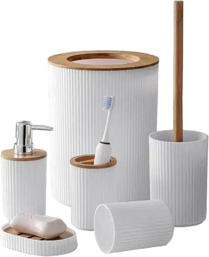 9 PCS White Bathroom Accessory Set – PP + Bamboo, Ribbed Texture