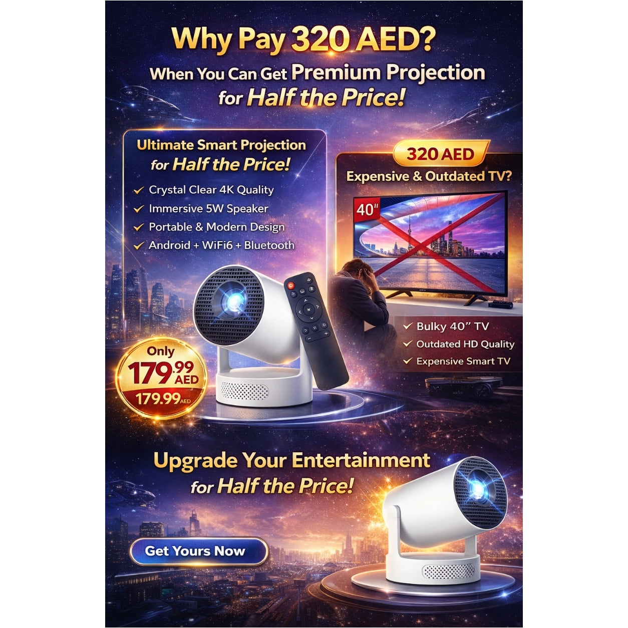 HY300 PRO Portable Projector – 4K Support | 200 ANSI Lumens | WiFi 6 | BT 5.0 | Android