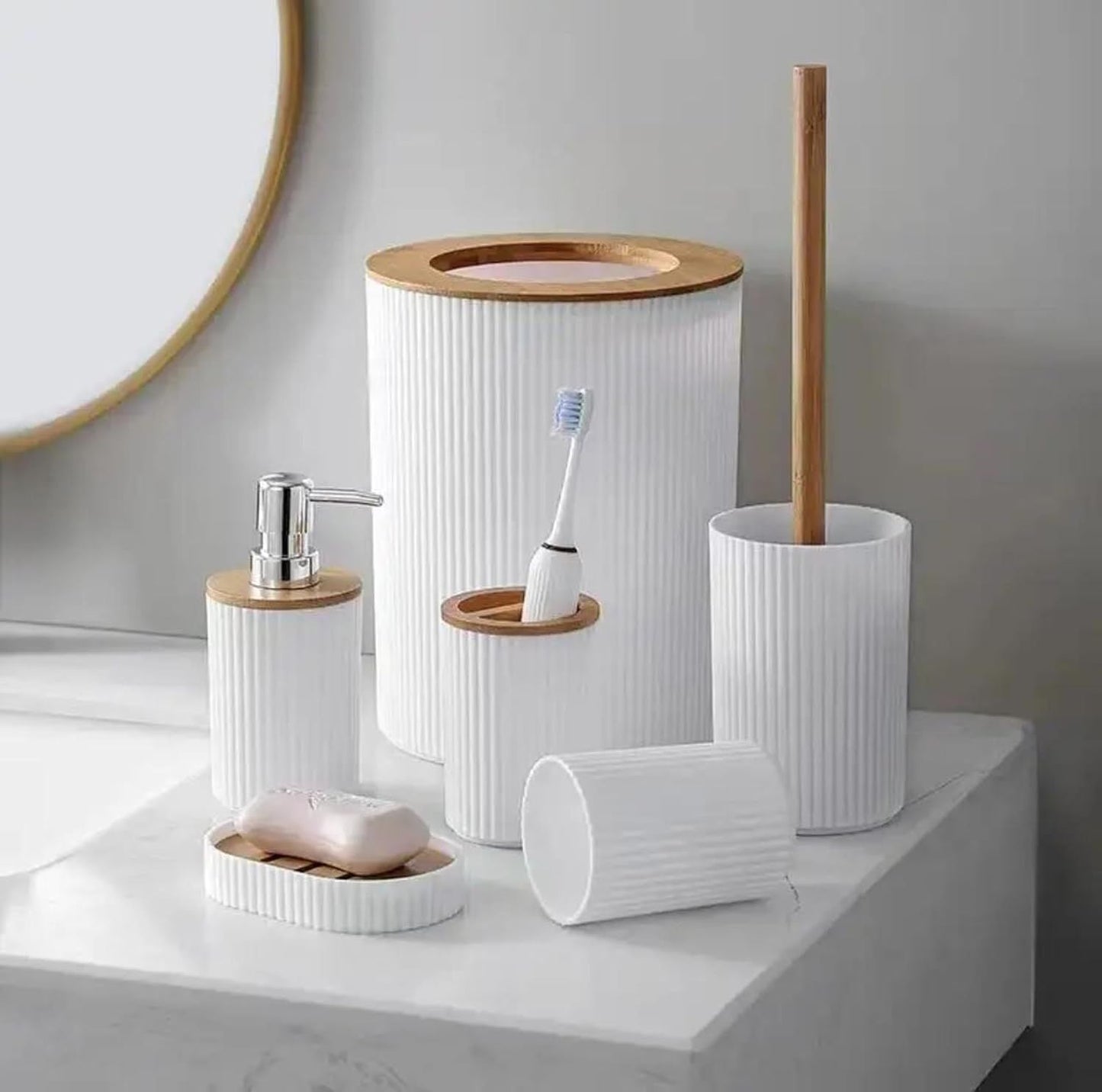 9 PCS White Bathroom Accessory Set – PP + Bamboo, Ribbed Texture