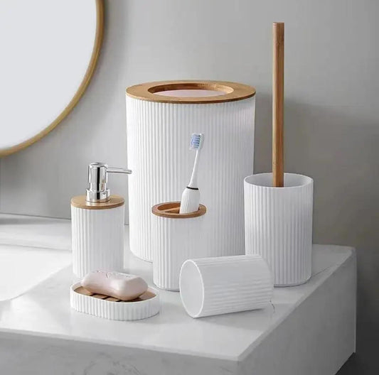 9 PCS White Bathroom Accessory Set – PP + Bamboo, Ribbed Texture