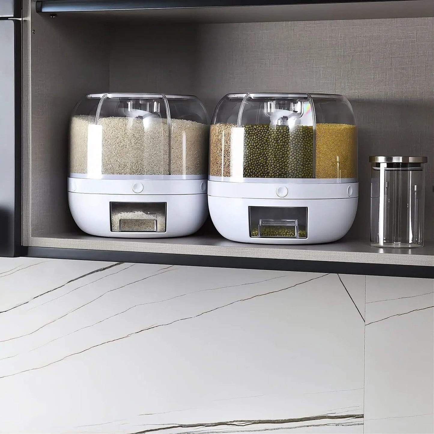 360° Rotating Grain & Rice Dispenser – 6-Compartment Airtight Food Storage Container