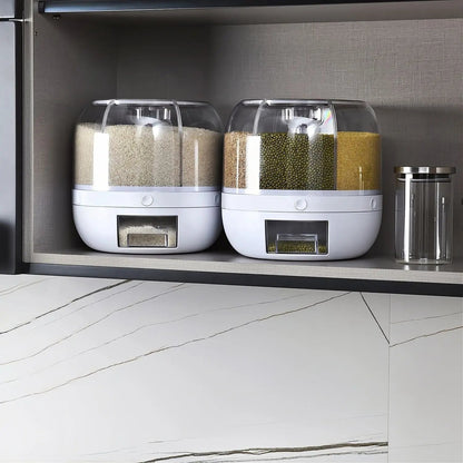 360° Rotating Grain & Rice Dispenser – 6-Compartment Airtight Food Storage Container