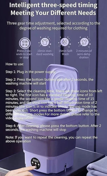 Folding Mini Washing Machine - Portable Turbine Washer with 3-Speed Timer