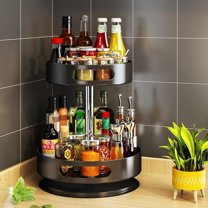 360 Rotating Multifunctional Storage Rack – 2-Tier, Height Adjustable, Carbon Steel