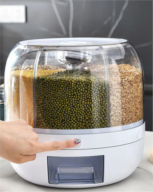 360° Rotating Grain & Rice Dispenser – 6-Compartment Airtight Food Storage Container
