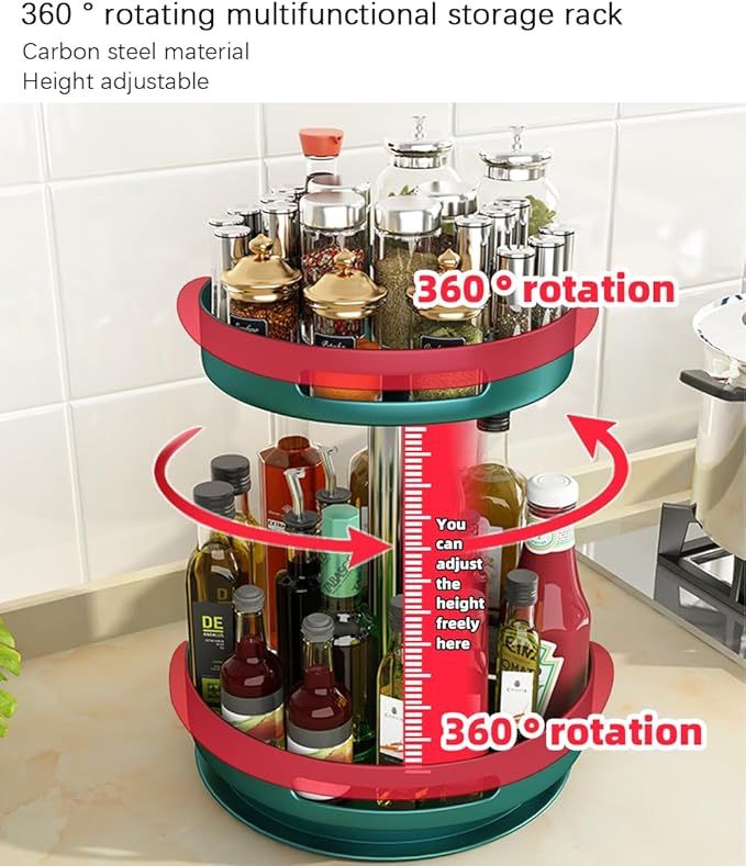 360 Rotating Multifunctional Storage Rack – 2-Tier, Height Adjustable, Carbon Steel