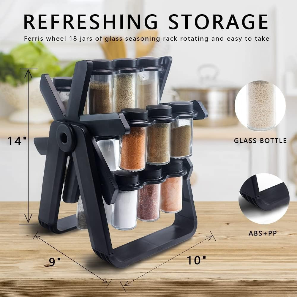 Ferris Wheel Rotating Spice Rack – 18 Glass Jars, 360 Rotation, ABS+PP Frame