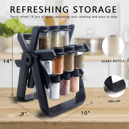 Ferris Wheel Rotating Spice Rack – 18 Glass Jars, 360 Rotation, ABS+PP Frame