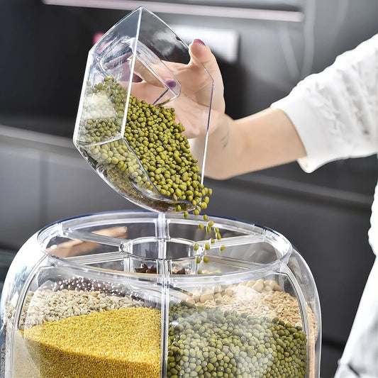 360° Rotating Grain & Rice Dispenser – 6-Compartment Airtight Food Storage Container