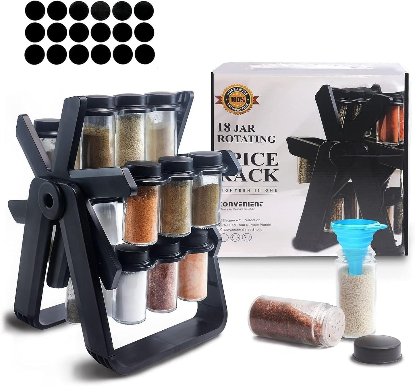 Ferris Wheel Rotating Spice Rack – 18 Glass Jars, 360 Rotation, ABS+PP Frame
