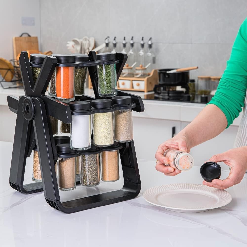 Ferris Wheel Rotating Spice Rack – 18 Glass Jars, 360 Rotation, ABS+PP Frame