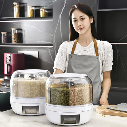 360° Rotating Grain & Rice Dispenser – 6-Compartment Airtight Food Storage Container